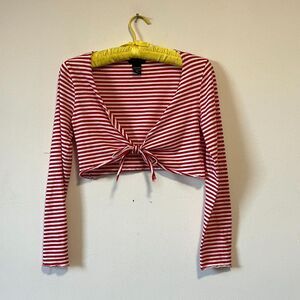 2000s Y2K Pirate Red White Striped Cotton Bolero Tie Front Cropped Top Small